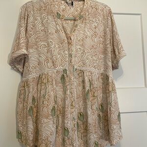 Anthropology Floral Beige and Green Women's Top